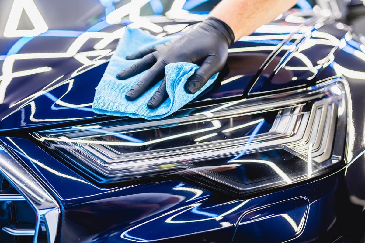 Technician wiping off the ceramic coating after application on a blue Audi A6.